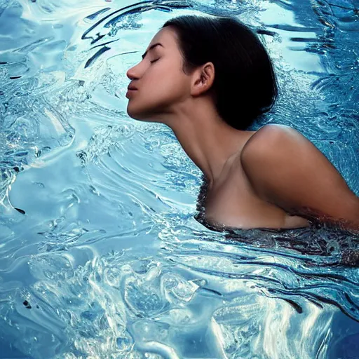 Prompt: a beautiful woman, laying on the ground, hands peacefully resting under her chin, water reflection!!!!!, water mirrored water, reflection echo, 4 k, detailed facial features!!!!!, artstation photorealism, photorealism, shot by steve mccurry, jimmy nelson, annie leibovitz, ansel adams, and frans lanting