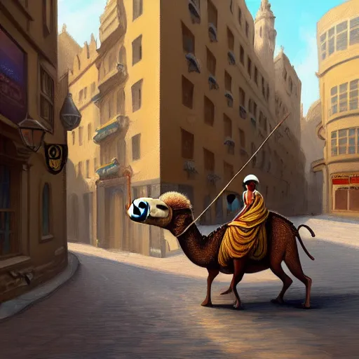 Prompt: A painting of a mouse Riding a camel through a narrow street in london, highly detailed, digital painting, Artstation, smooth