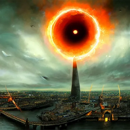 Image similar to eye of sauron looks over london by raymond swanland, highly detailed, bright tones