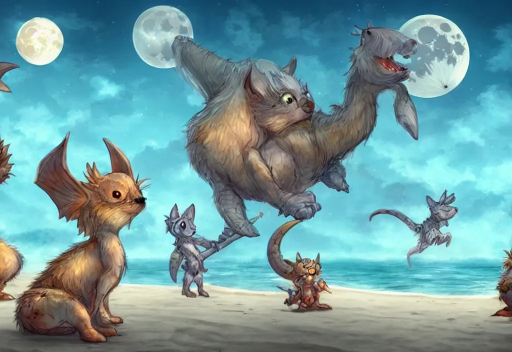 Prompt: cute fantasy critters at the beach looking at the moon, ultra realistic, concept art, highly detailed