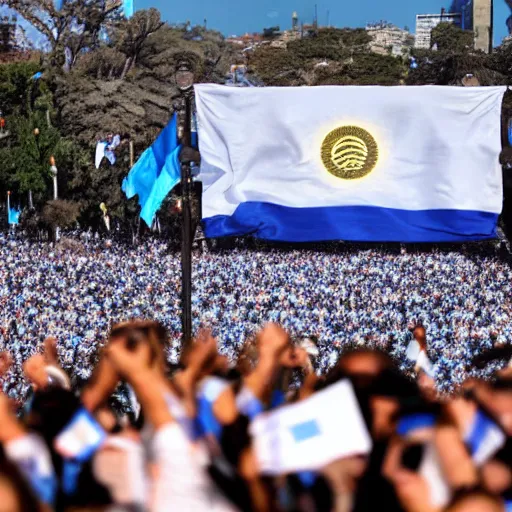 Image similar to Lady Gaga as president, Argentina presidential rally, Argentine flags behind, bokeh, giving a speech, detailed face, Argentina