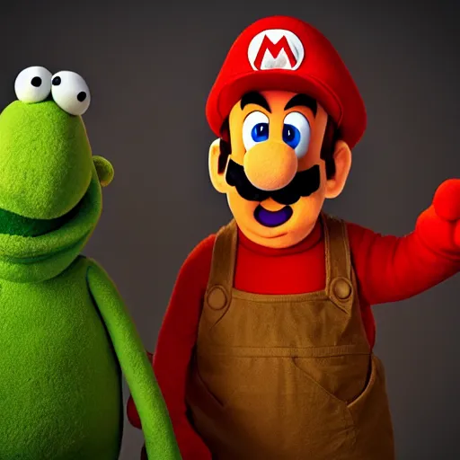 Image similar to A still of Mario and Luigi as muppets, photo real, photographic, photograph, artstation, trending, award winning, epic lighting, featured