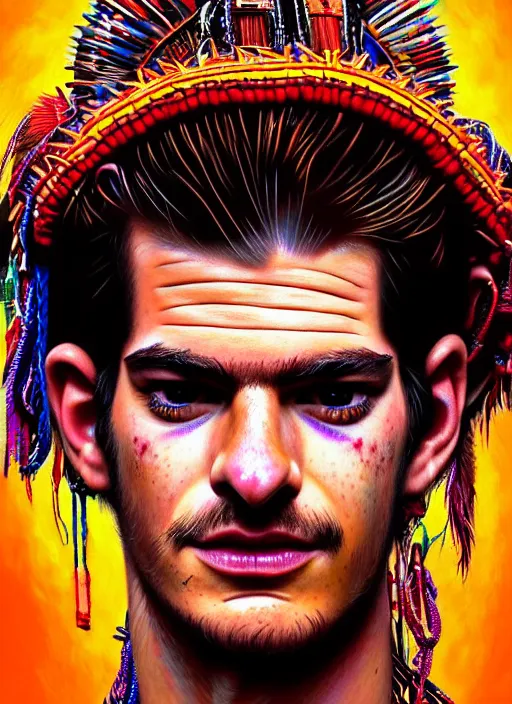 Prompt: portrait of andrew garfield, hyper detailed ultra sharp aztec shaman warrior. trending on artstation, warpaint aesthetic, bloodwave, colorful, psychedelic, ornate, intricate, digital painting, concept art, smooth, sharp focus, illustration, art by artgerm and greg rutkowski and h. r. giger, 8 k