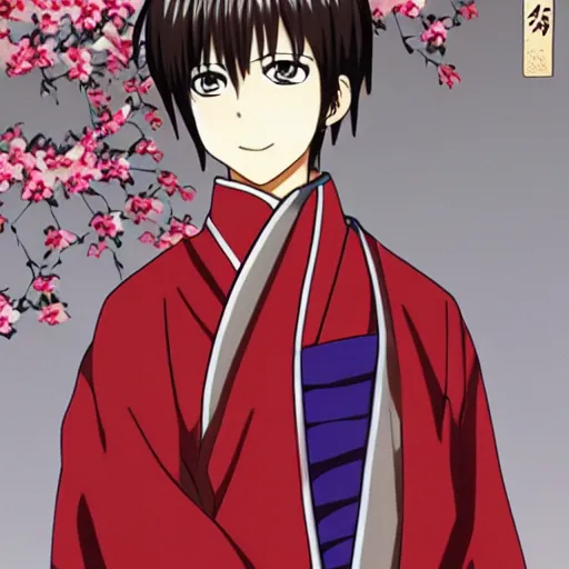 Image similar to Smooth Tan short hair, red eyes, lovely young man，Sougo Okita of Gintama is wearing a kimono,Doujin,Popular on Pixiv