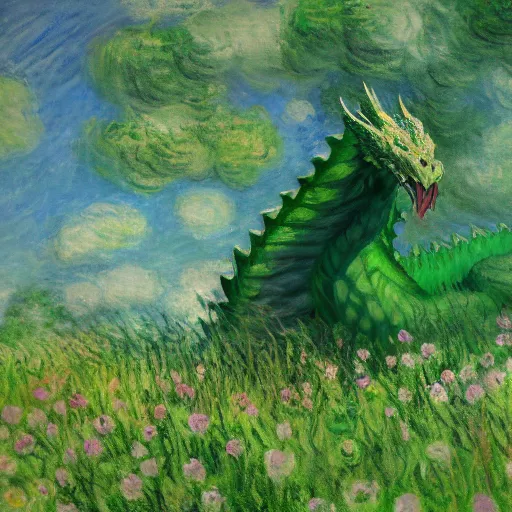 Image similar to A large green dragon sitting in a flowery meadow by Claude Monet, deviantart, furaffinity