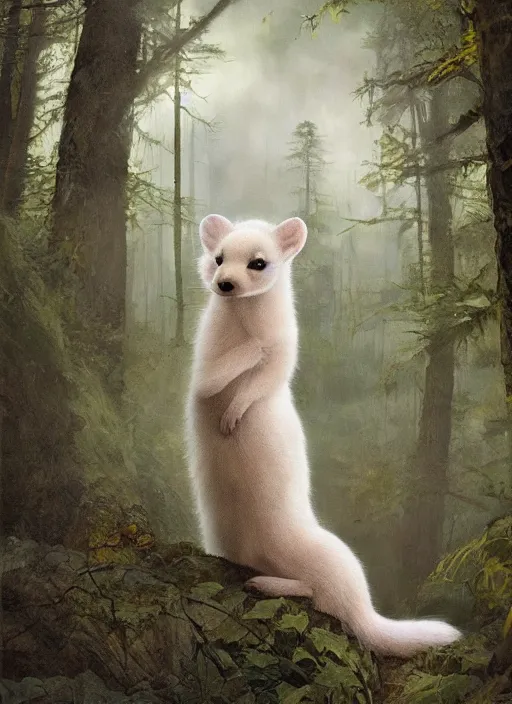 Prompt: cute ermine, in clouds, in a forest, big eyes, portrait by greg hildebrandt, studio lighting, muted colors, by terry richardson, by frank frazetta, extreme detail, reflections, trending on artstation, 8 k