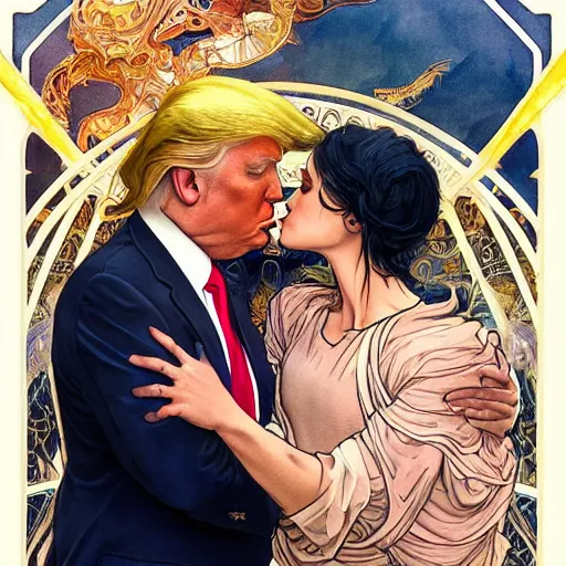 Prompt: donald trump gay kissing joe biden | highly detailed | very intricate | art nouveau | gold filigree | romantic storybook fantasy | soft cinematic lighting | award - winning | disney watercolor illustration by mandy jurgens and alphonse mucha and alena aenami | pastel color palette | featured on artstation