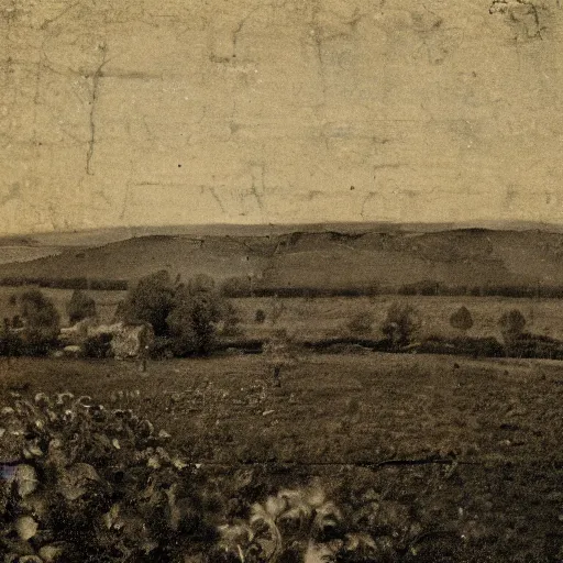 Image similar to landscape photograph from the 1700s, faded, first ever photograph