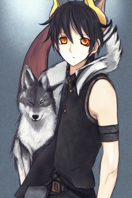 Image similar to portrait of an anime guy with wolf ears and tail, trending on pixiv, by kawacy