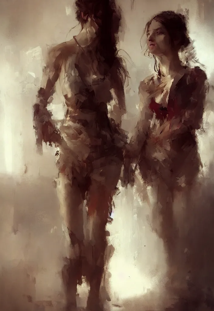 Image similar to full body portrait of a duo of 2 0 years old girl figures, messy hair, oriental tattoos, bespoke tailor suits, beautiful, dramatic, cinematic lighting, few fire red highlights, by jeremy mann and greg rutkowski, oil on canvas, artstation, pixiv