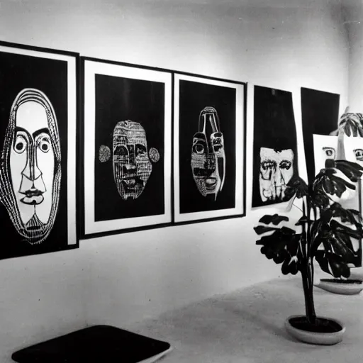 Image similar to A black and white photo in sérigraphie of an exhibition space with works of Sun Ra, Marcel Duchamp and tropical plants - W 1280