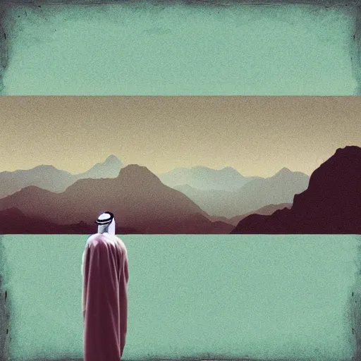 Image similar to arab man standing up in the mountains, album cover design illustration digital art