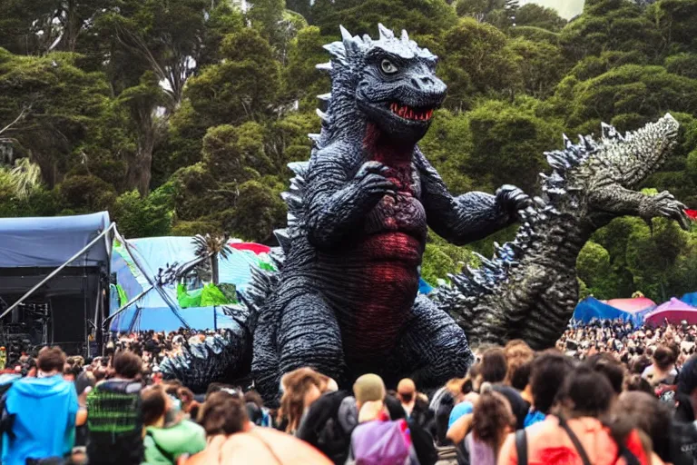 Image similar to godzilla attacking a music festival in golden gate park