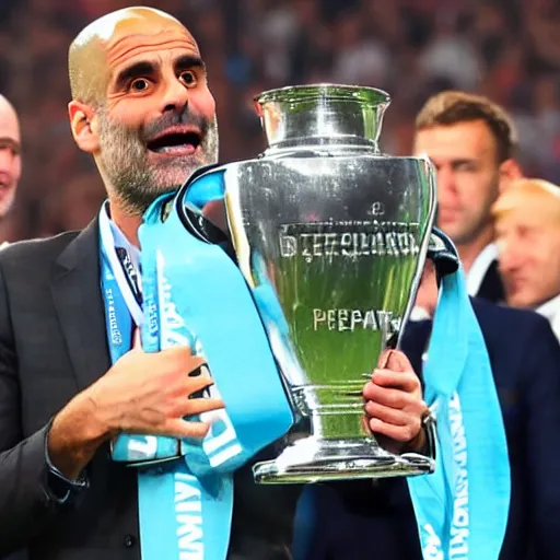 Image similar to High quality front photo of Pep Guardiola lifting a champions league trophy