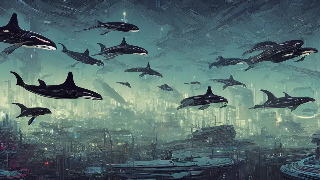 Image similar to highly detailed illustration of a pod of orcas flying over a cyberpunk city at night by kilian eng, moebius, nico delort, oliver vernon, joseph moncada, damon soule, manabu ikeda, 4 k resolution