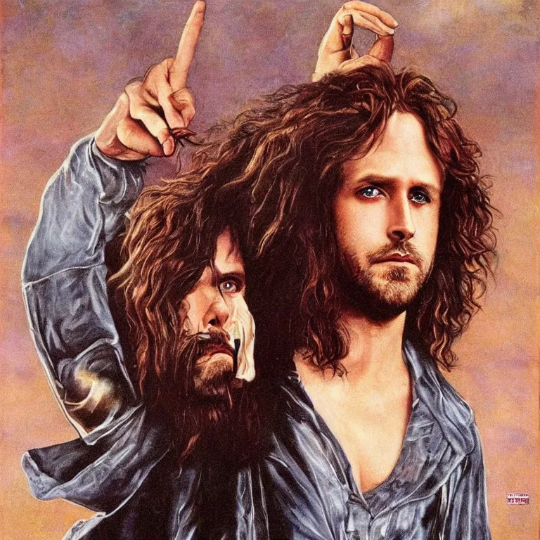 Prompt: Pre-Raphaelite portrait of Ryan Gosling as the leader of the cult 1980s heavy metal band \'Metallica\', with very long blond hair and grey eyes, high saturation