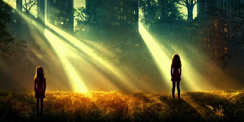 Image similar to sci - fi scene future new york city, last girl on earth, in manhattan holding onto the outstretched hand of a giant robot, forest punk, little girl meets robot, crepuscular rays, epic scene, hyper realistic, photo realistic, overgrowth, cinematic atmosphere, ethereal lighting,