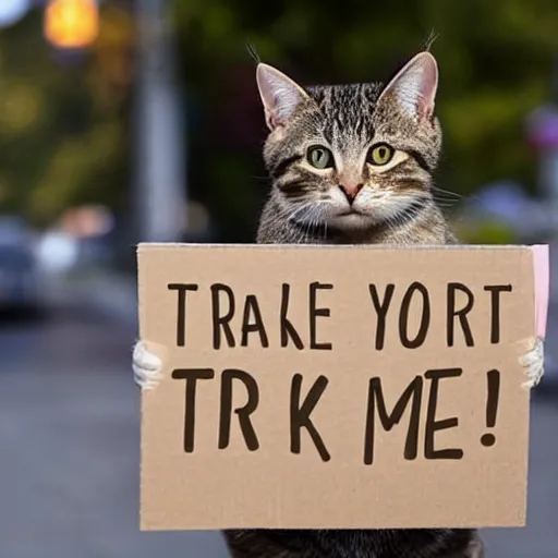 Prompt: a cute tabby cat holding a sign that says