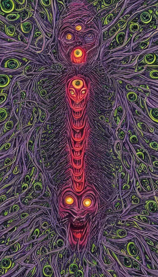 Image similar to a storm vortex made of many demonic eyes and teeth over a forest, by alex grey,