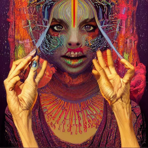 Image similar to Portrait of beautiful woman, surrounded by neural vivid realm, dark babylonian surrealism, painted part by francis bacon, part by jeffrey smith, part by josan gonzales, part by dan mumford, part by norman rockwell, part by gustave moreau, artstation, 4K, highly detailed,