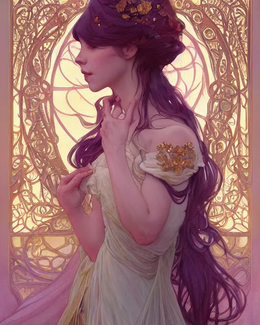 Image similar to secret romance, highly detailed, very intricate, art nouveau, gold filigree, romantic storybook fantasy, soft cinematic lighting, award - winning, disney concept art watercolor illustration by mandy jurgens and alphonse mucha and alena aenami, pastel color palette, featured on artstation