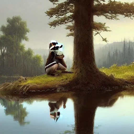 Prompt: A raccoon, wearing a robe, sad expression, sitting at a pond, mountainous area, trees in the background, oil painting, by Greg Rutkowski