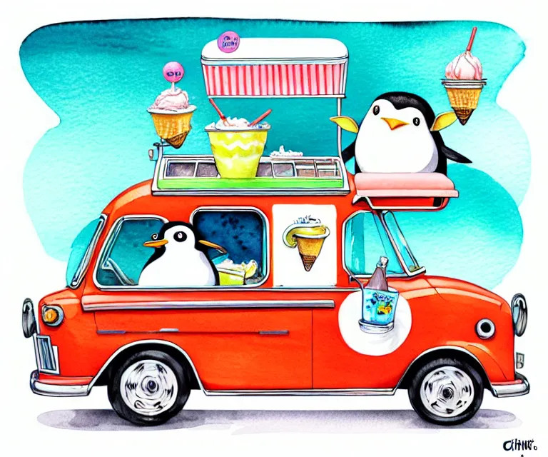 Image similar to cute and funny, penguin riding in a tiny ice cream truck with an oversized engine, ratfink style by ed roth, centered award winning watercolor pen illustration, isometric illustration by chihiro iwasaki, edited by range murata, tiny details by artgerm and watercolor girl, symmetrically isometrically centered, sharply focused