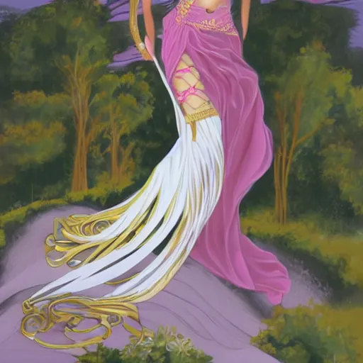 Image similar to seductive goddess of sensuality majestically ascending in gold and white filagree into fiery pink clouds of yoni