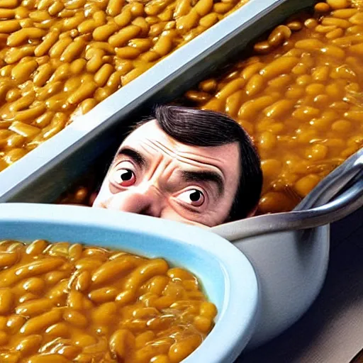 Image similar to mr bean swimming in a bathtub but instead of water it is baked beans full to the brim