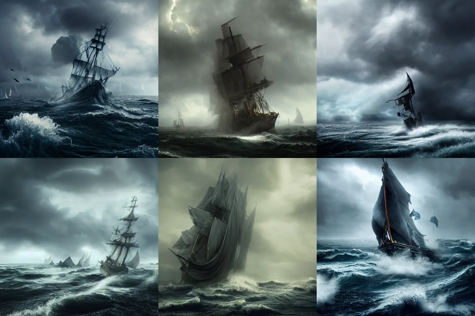 Prompt: The Flying Dutchman sailing the rough sea, ripped sails, ghostly appearance, insubstantial, flowing mist, epic dark towering thunderclouds in the background, intricate details, intricate textures, blue tint, realistc octane render, hyper realistic render, volumetric shading, depth of field, soft lighting, 8k