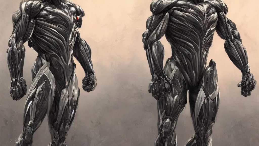 Prompt: crysis nanosuit with powerful biological muscle augmentation, at dusk, painted by tsutomu nihei, painted by artgerm and greg rutkowski