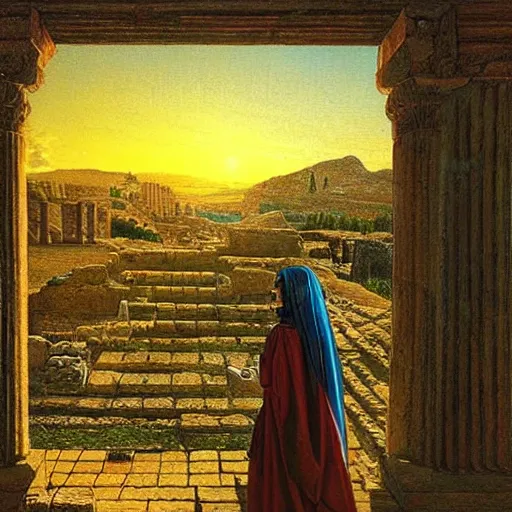 Image similar to pretty robot android Persian woman looking out of her Persian balcony towards greek ruins of temples at sunset. Painting by Gustav Dore. Colored painting.