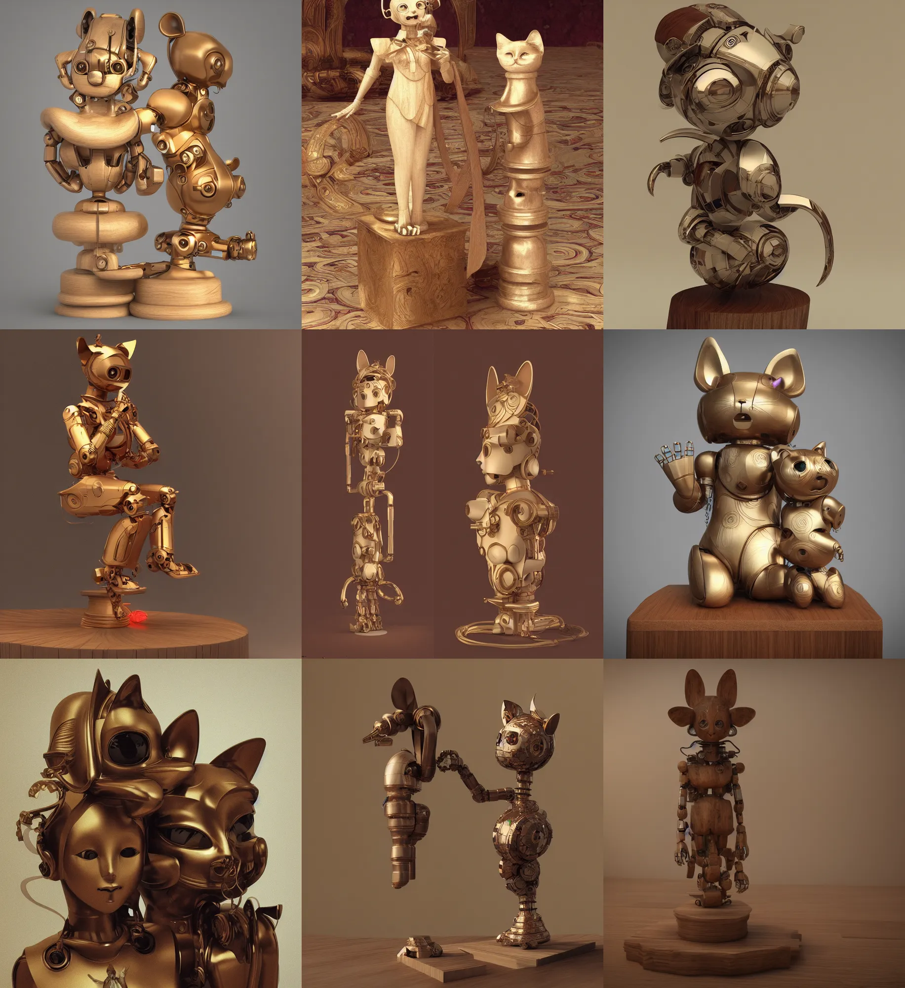 Prompt: 3D octane render ultra 8K photorealistic a wooden sculpture on a pedestal cute robot cat’s ears by Alphonse Mucha