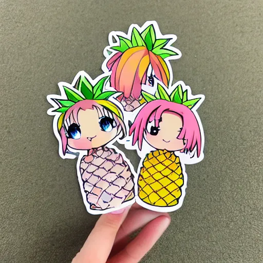Prompt: die cut sticker of anime chibi kawaii cute two pineapples on beach vacation