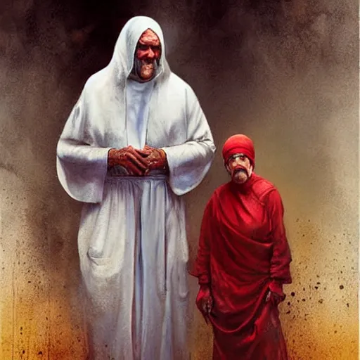 Image similar to a hyper realistic painting of mother theresa and hulk hogan, by greg rutkowski and santiago caruso,