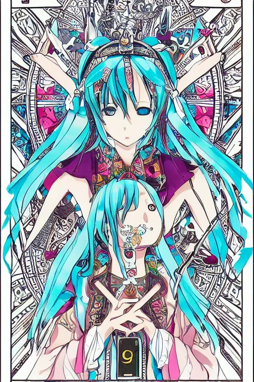 Image similar to hatsune miku, intricate, amazing line work, colorful, tarot cards, the devil tarot card