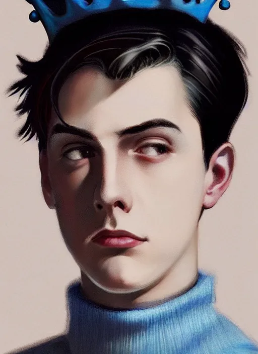 Image similar to portrait of teenage jughead jones wearing a light grey crown, crown, blue turtleneck, 1 9 5 0 s, closed eyes, photorealistic, black hair, glowing lighting, intricate, elegant, glowing lights, highly detailed, digital painting, artstation, concept art, smooth, sharp focus, illustration, art by wlop, mars ravelo and greg rutkowski