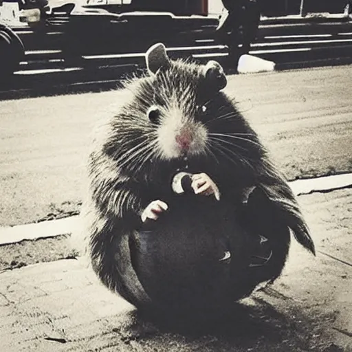 Image similar to “ hamster dressed as a homeless person sitting at an intersection with arms stretched out holding a tin can ”