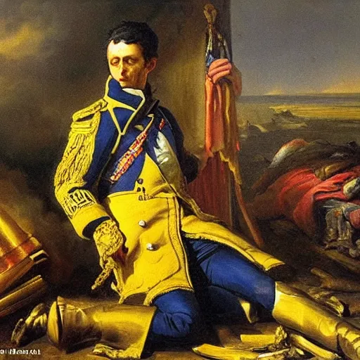 Prompt: a magnificent oil painting of Volodymyr Zelensky at war, dressed like Napoleon Bonaparte, his clothes are torn and dirty, he is sitting between dead corpses and weeping, holding a half burnt blue and yellow flag of Ukraine, in the style of Benjamin West