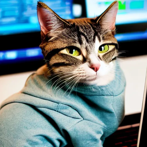 Prompt: high quality photo of an hacker cat with a hoodie in front of a computer, award winning photography