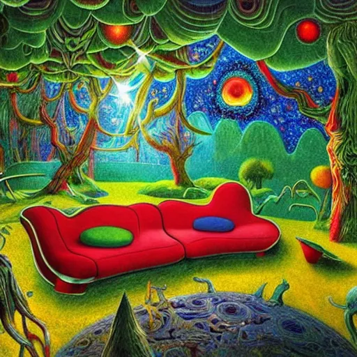 Prompt: psychedelic couch sofa in the lush forest, milky way, designed by moebius, rob gonsalves, gustav dore, giuseppe arcimboldo and carl barks, louis wain, trending on artstation, mediterranean, star, sharp focus, colorful refracted sparkles and lines, soft light, 8 k 4 k