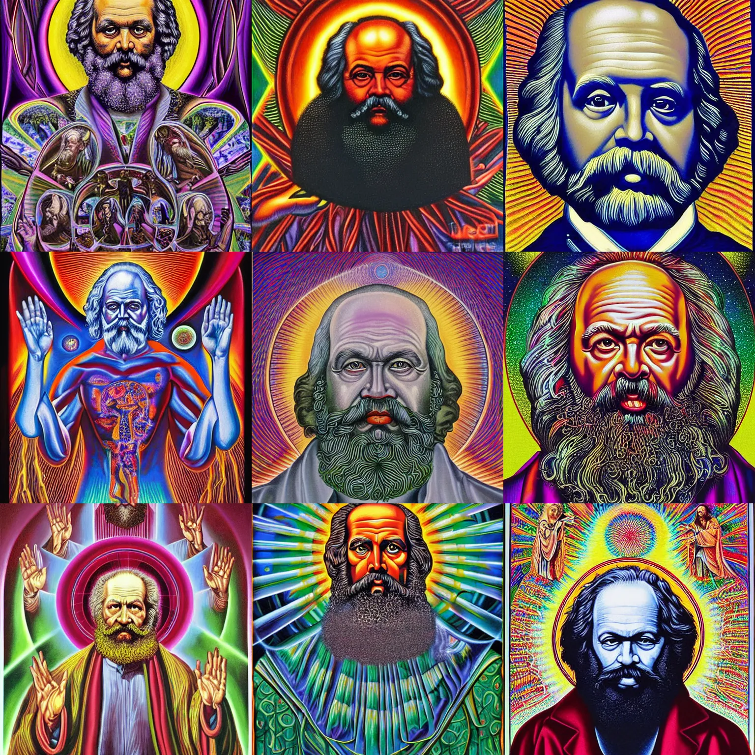 Prompt: karl Marx painting by alex grey in the style of cosmic christ by alex grey