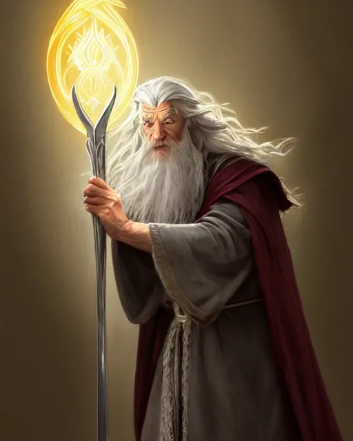 Image similar to Gandalf the grey casting a magic gigantic fork spell to summon army of electric forks, crimson led, glowing, D&D, fantasy, intricate, elegant, highly detailed, digital painting, artstation, concept art, matte, sharp focus, illustration, hearthstone, art by Artgerm and Greg Rutkowski and Alphonse Mucha