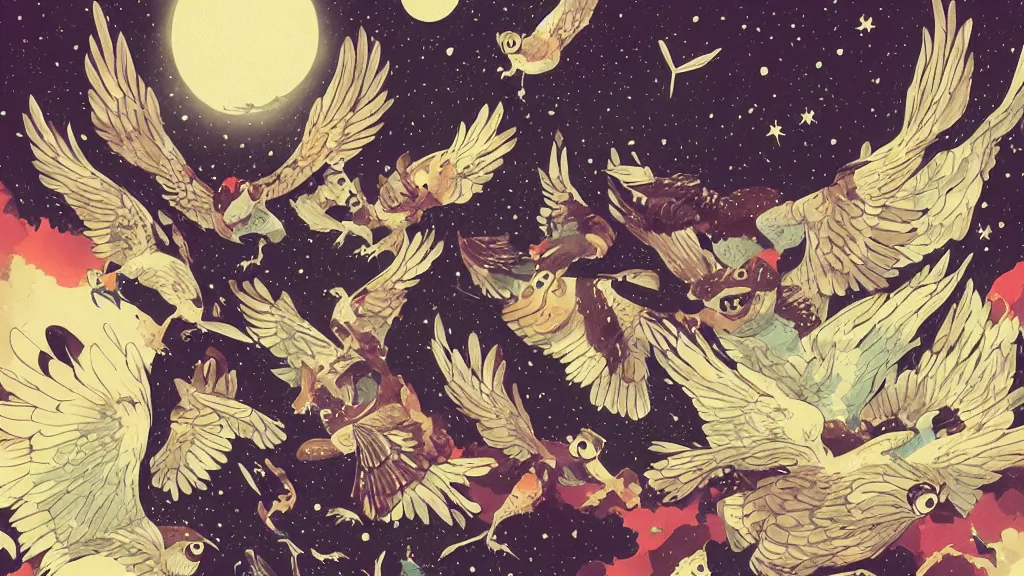 Image similar to very detailed, ilya kuvshinov, mcbess, rutkowski, watercolor illustration of owls flying at night, colorful, deep shadows, astrophotography, highly detailed