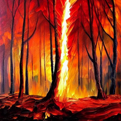 Image similar to a forest in flames with lightning in the background, oil painting, beautiful, enchanting, nature