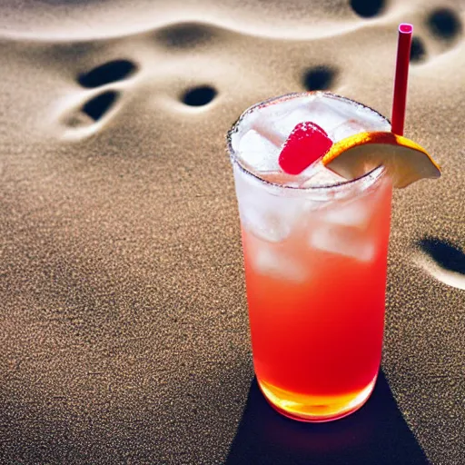 Prompt: an advertisement photo of a very tasty cocktail on the beach, beautiful lighting