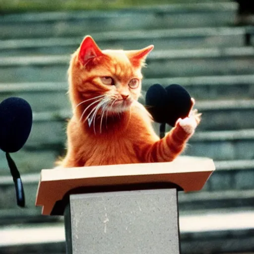 Prompt: 1 9 8 0's color photo of angry ginger cat giving public speech