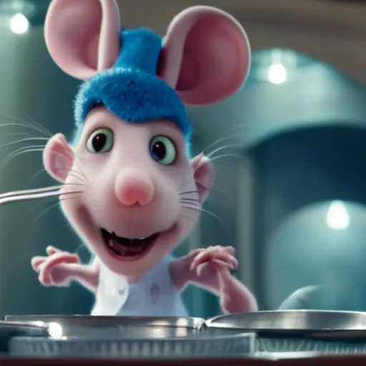 Prompt: first picture from 2022 live action adaptation of ratatouille with real mouse cooking 4k