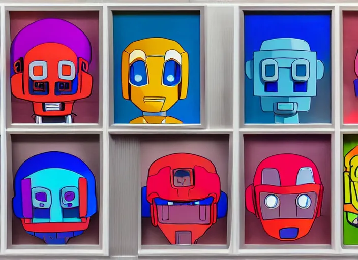 Prompt: 3 rows of 3 framed closeup colorful 3 d - rendered face portraits of cute evil robots from mega man, with a futuristic mechanical background.