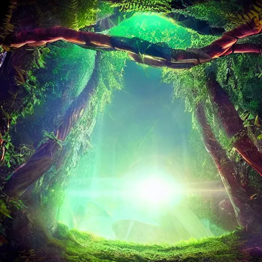 Image similar to active stargate water portal to another dimension inside a beautiful tree in a densely overgrown jungle, fantasy, dreamlike sunrise volumetric lighting, ultra realistic, atmospheric, stopped in time, epic